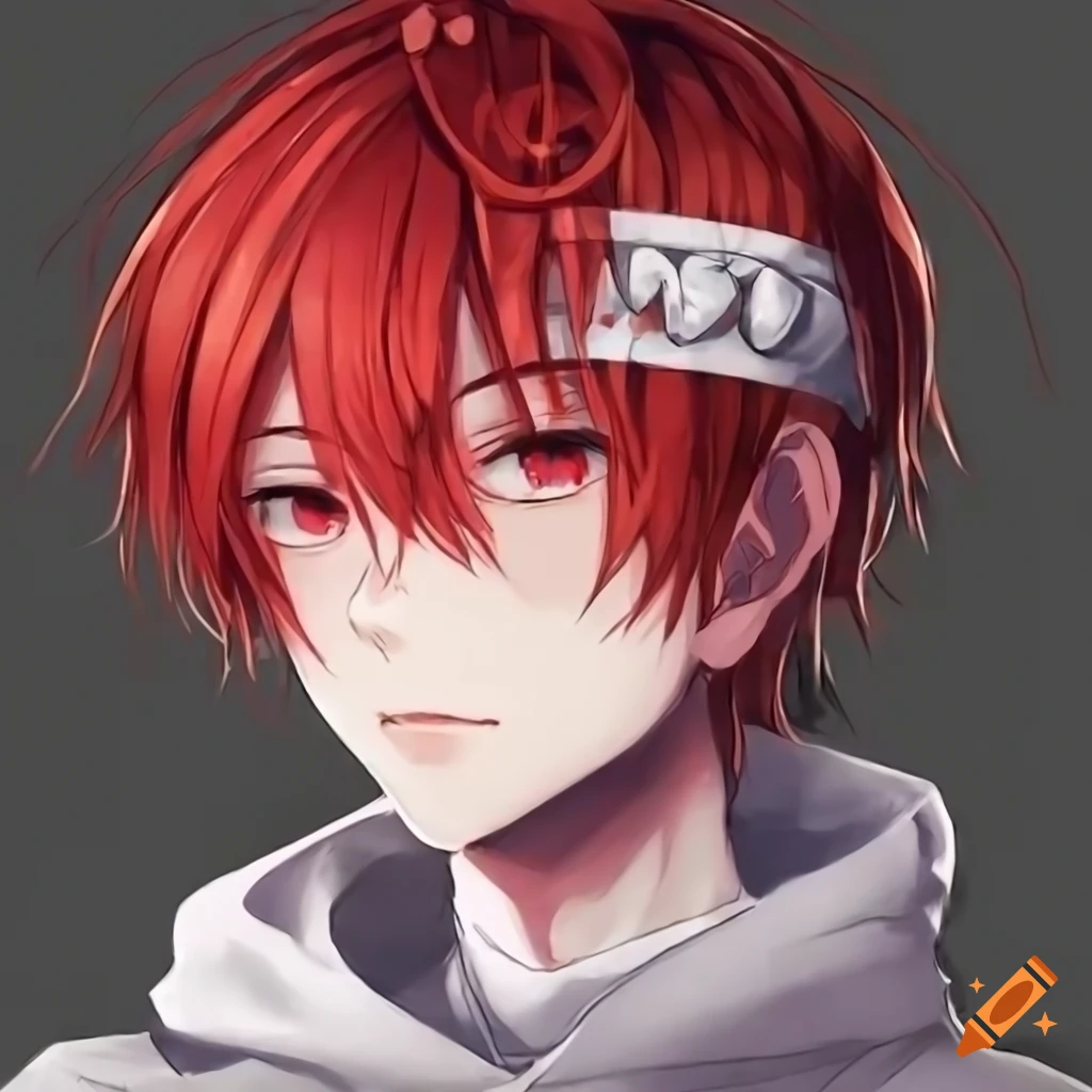 Anime Boy With Mid Leanth Fluffy Scarlet Red Hair Tied Up In A Bun 