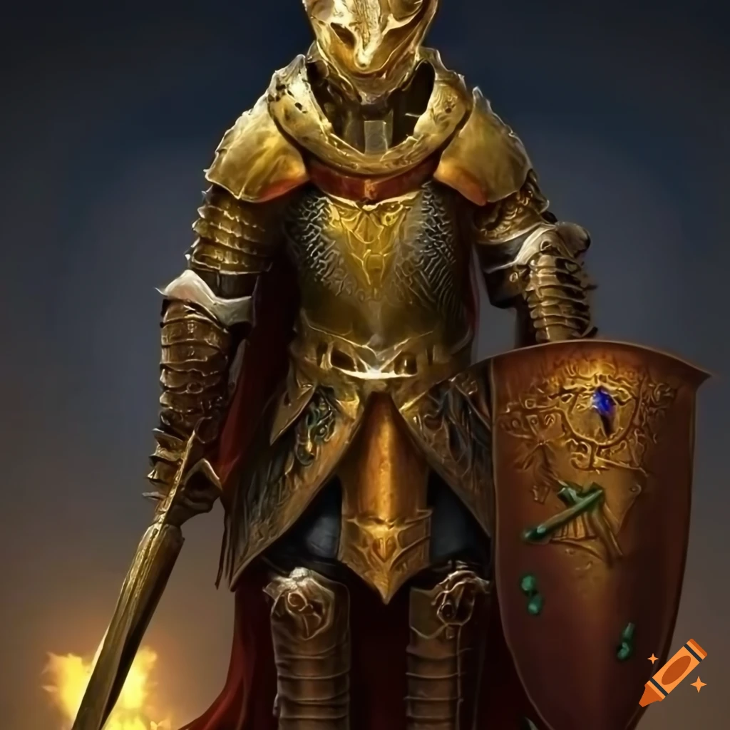 Very detailed dragonborn paladin in brass colored armor holding a large ...