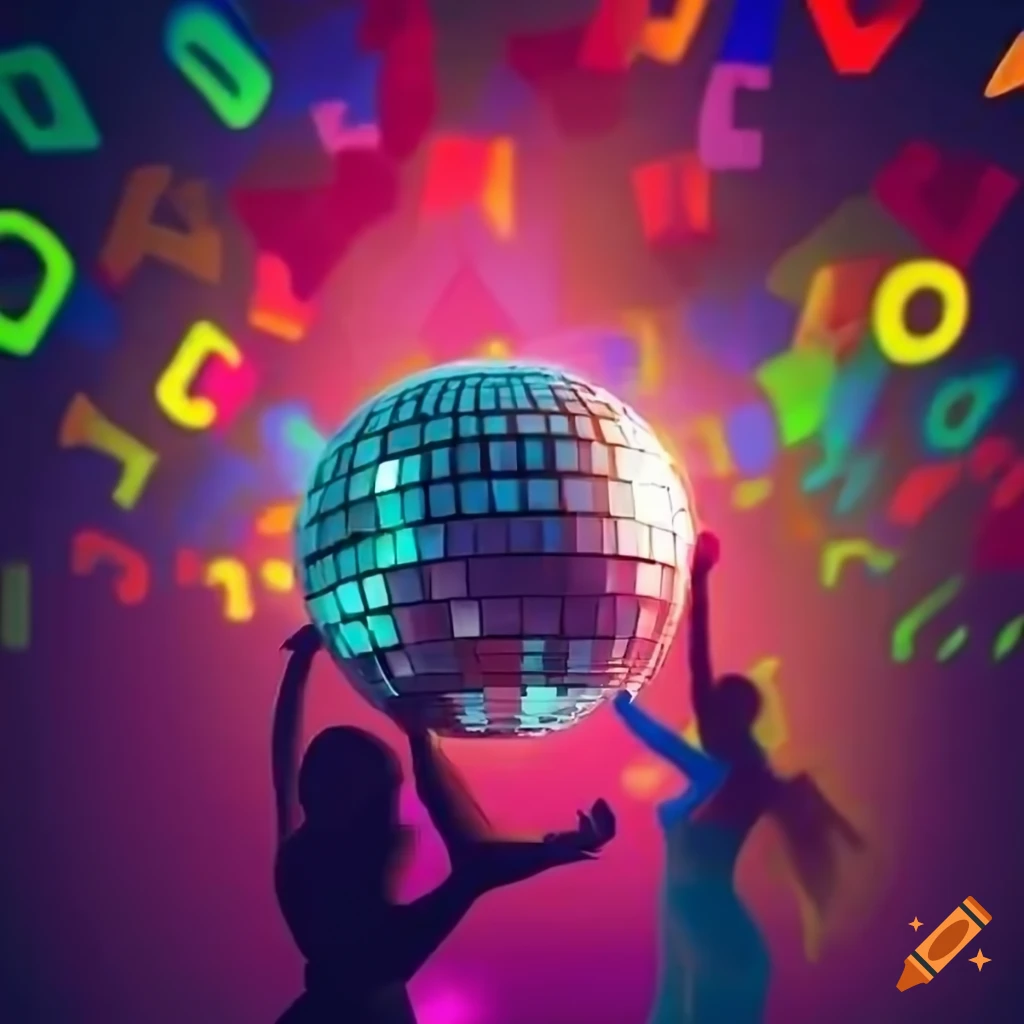 Colorful image of people dancing in a club with a disco ball. include the  letters wgp in the image on Craiyon