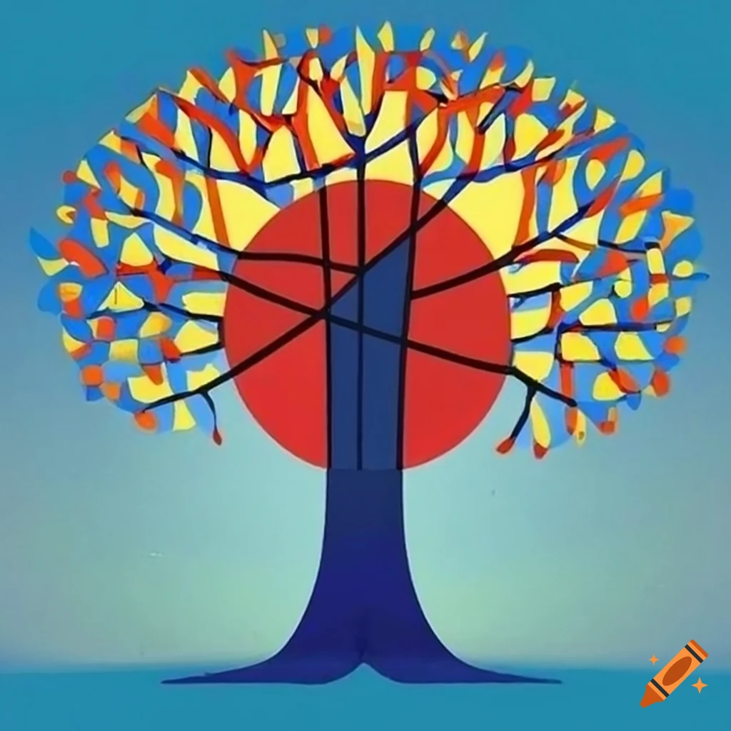 Art of a tree with eye inspired by mondrian's de stijl blue red yellow