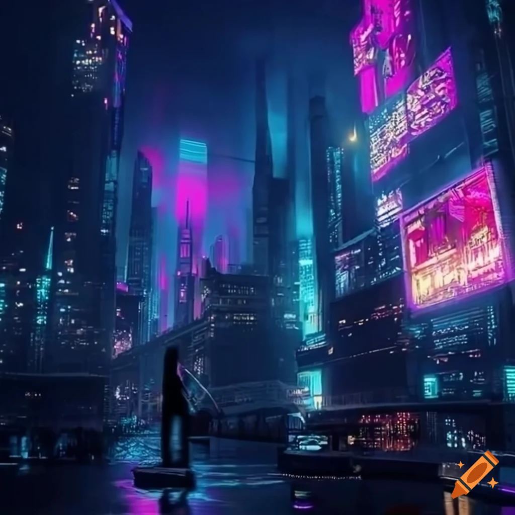 visually stunning cyberpunk cityscape at night, with towering skyscrapers adorned with holographic advertisements, neon lights reflecting off wet streets, and a lone figure in dystopian fashion standing on a rooftop, overlooking the sprawling metropolis