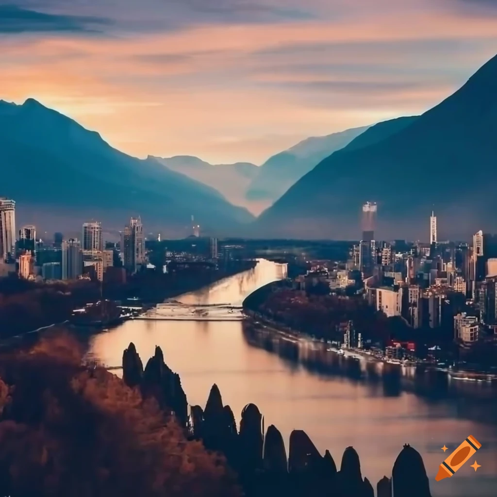 Panoramic view of city skyline with mountains in background and river ...