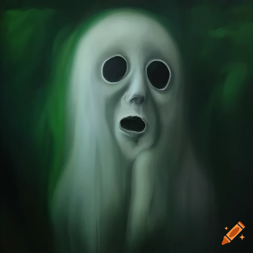 An illustration of a haunted ghost, in the style of hyper-realistic oil ...