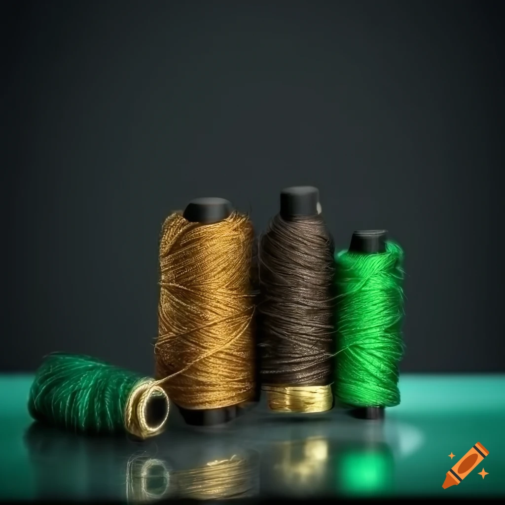 Realistic photograph of black thread, emerald green thread, and gold thread  in a pile on a glass table on Craiyon