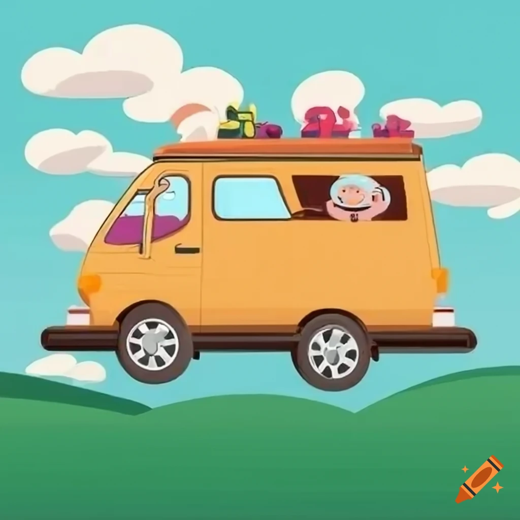 Kids enjoying a road trip in a camper van with luggage on the roof, driving down a mountain highway, cartoon style
