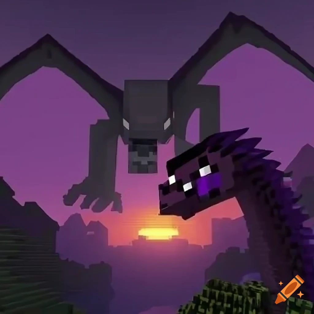 A legendary minecraft scene with herobrine riding the ender dragon