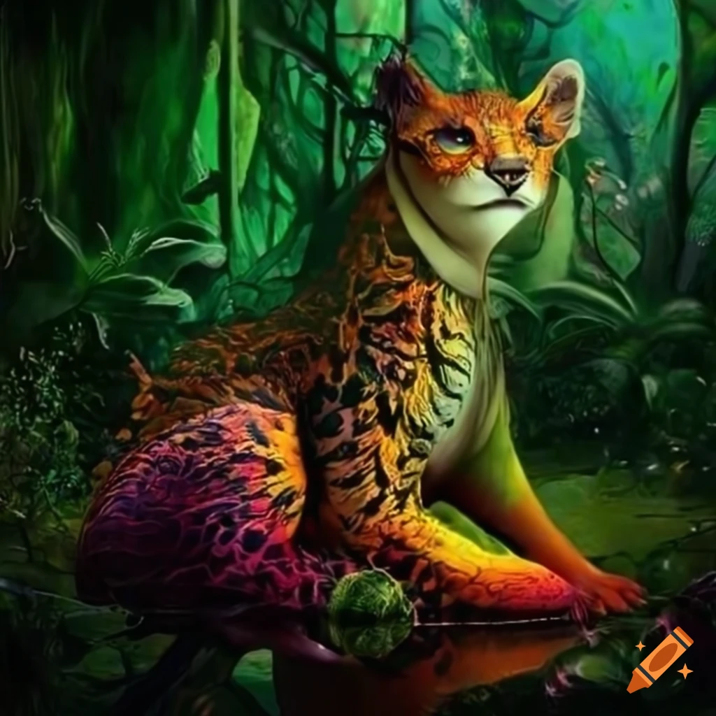 Luscious, vibrant fantasy jungle with majestic creatures on Craiyon