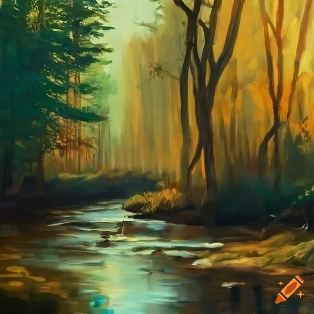 Painting of a river in the middle of a forest during an afternoon