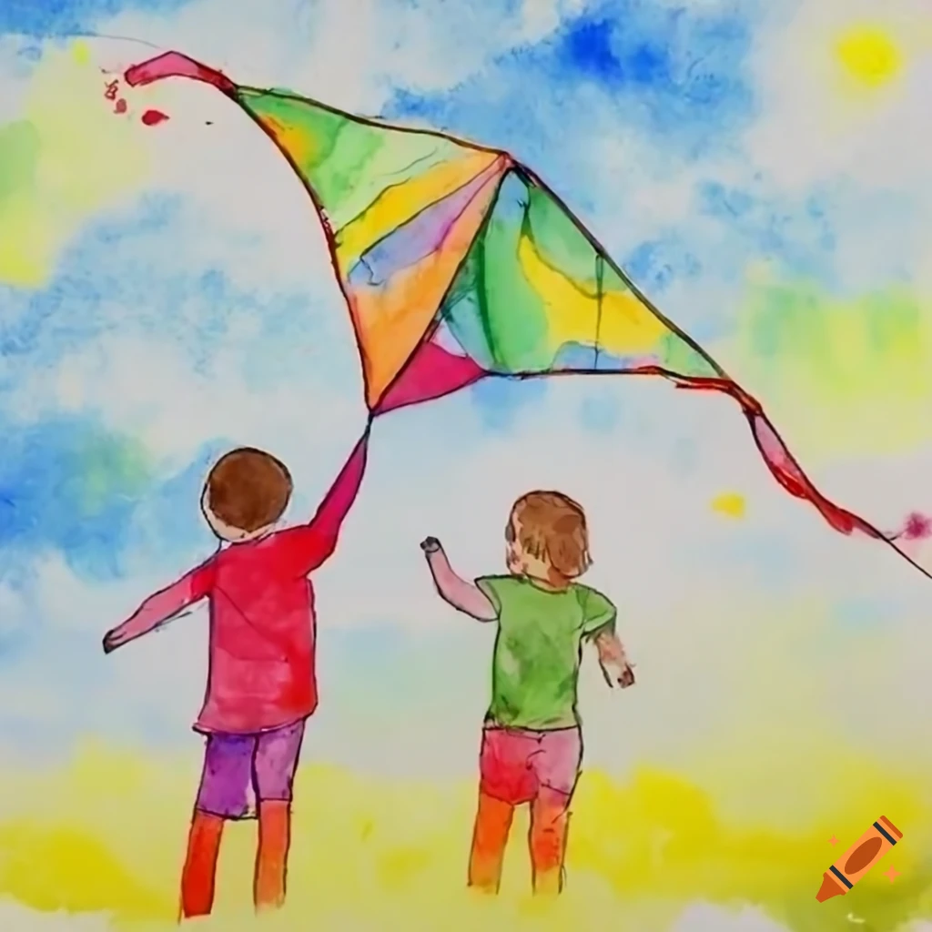 Childrens book illustration of kids flying a kite in the meadow at sunset  on Craiyon