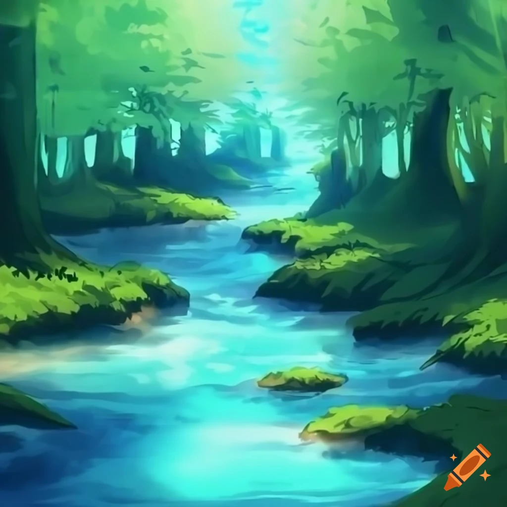 A beautiful anime style summer landscape. Green valley, river, high  mountains with snow capped peaks, blue sky with white clouds. AI generated.  23115412 Stock Photo at Vecteezy