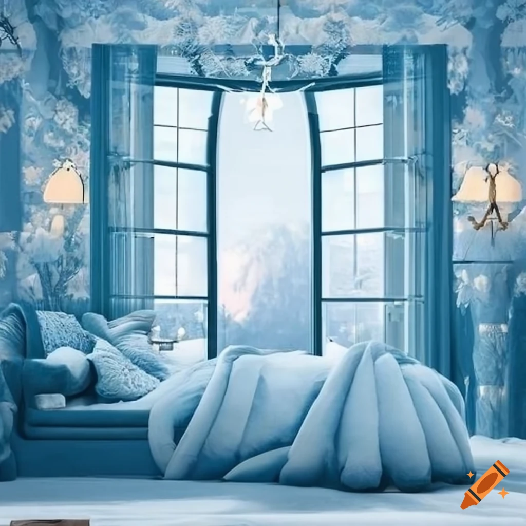 Cozy, elegant, classy, royal fantasy bedroom, winter day scene outside  window with drapes, shades of blue, white, silver on Craiyon
