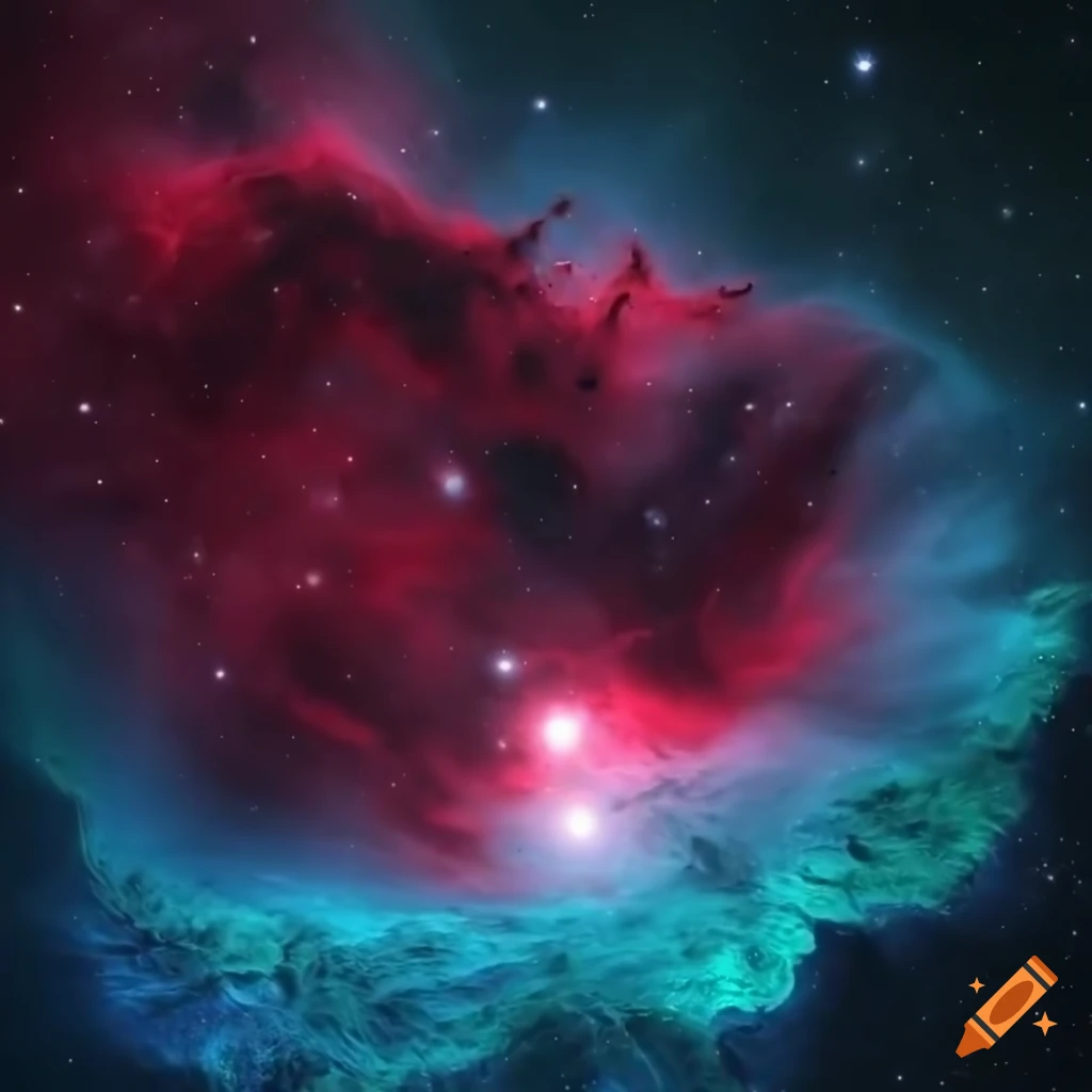 Photorealistic dark red green and blue nebulae in space in 4k