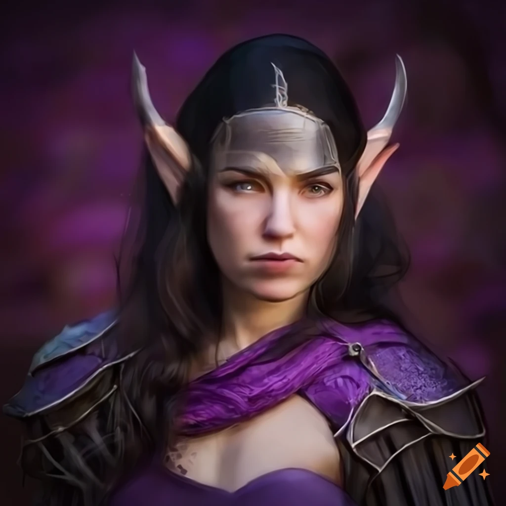 Female elven warrior with short ears and black hair in purple armor