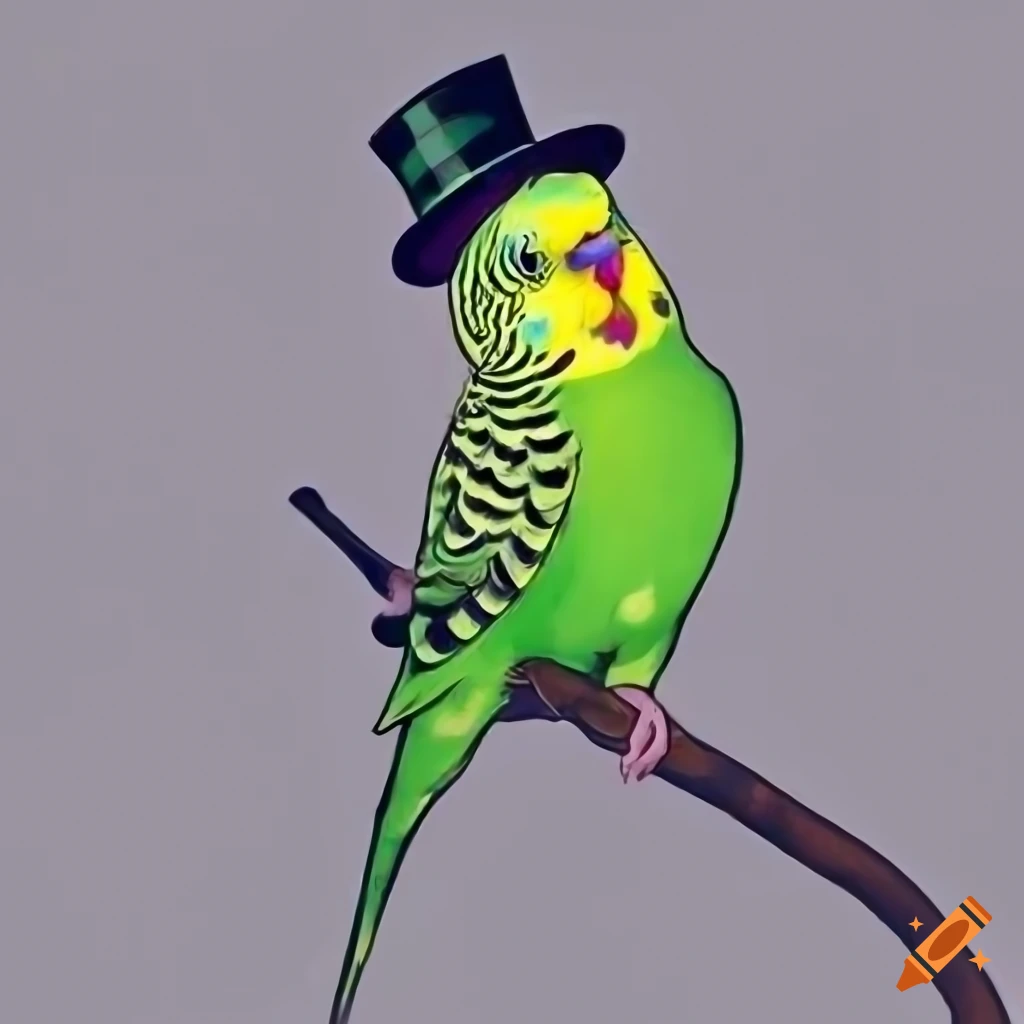 Tattoo art style, male green budgie wearing top hat on Craiyon