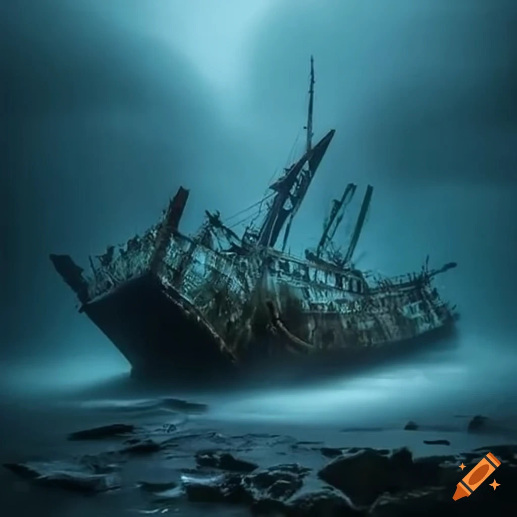 Shipwreck with ice spikes piercing through it. featuring a dark