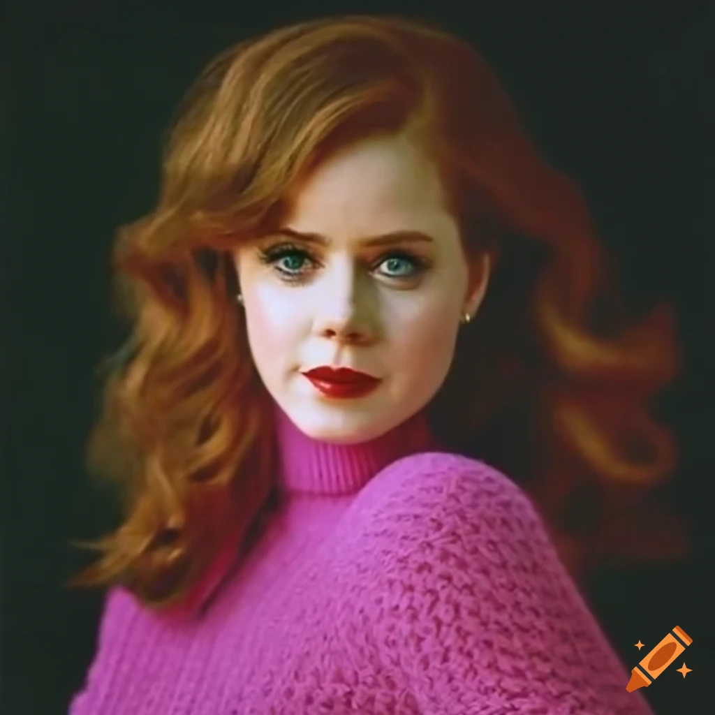 young Amy Adams with messy retro vintage hairdo, wearing a knitted pink turtleneck sweater, a short skirt and ballerina shoes