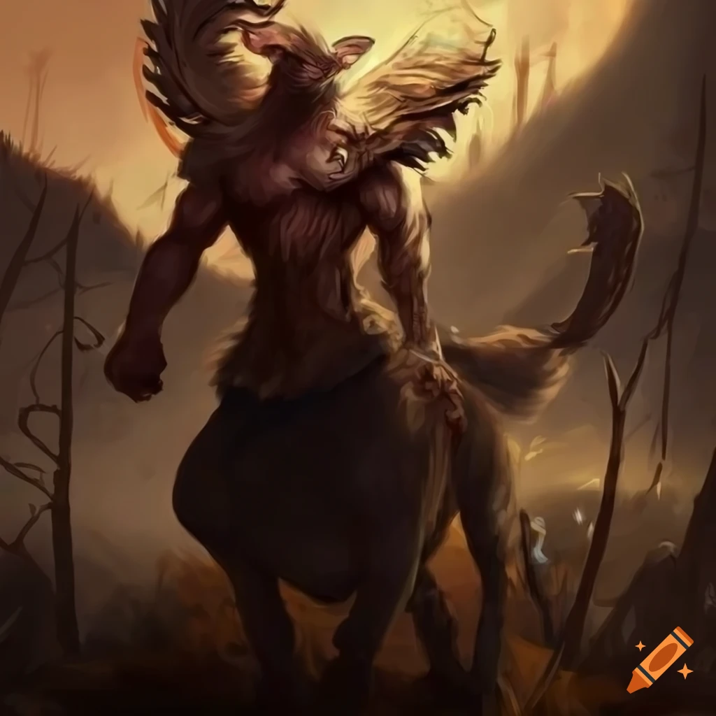 fantasy artwork of a fierce wolf-centaur warrior in a camp