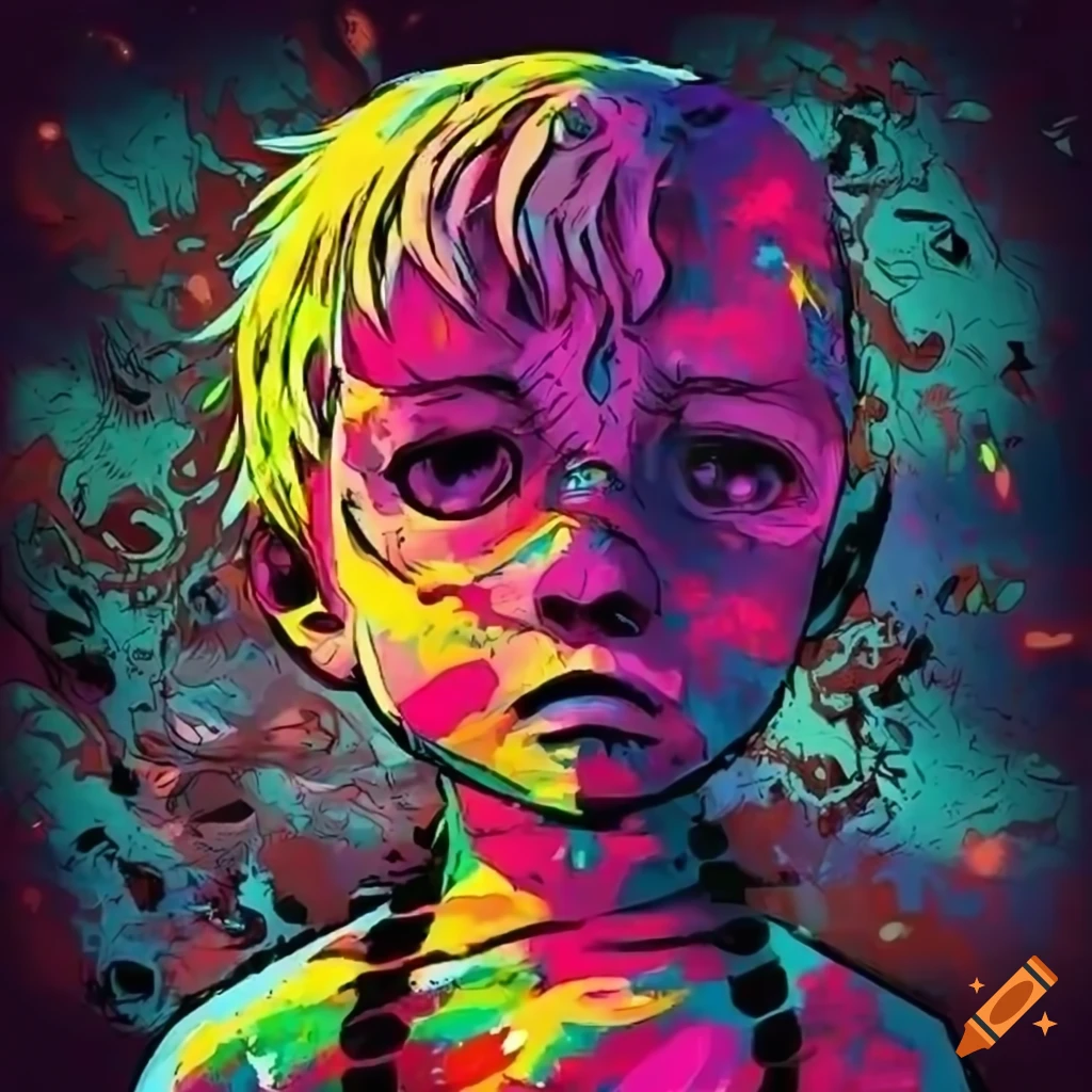 A fearless child standing up against monsters in the style of an 80s dystopian grunge comic