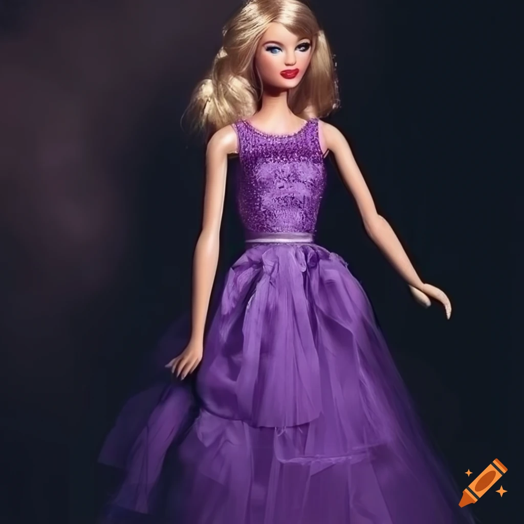 Taylor swift as a barbie, wearing a purple dress, long waivy hair, album  cover, barbie, doll, plastic, award winning photoshoot , 3/4 shot, natural  makeup, dark background on Craiyon