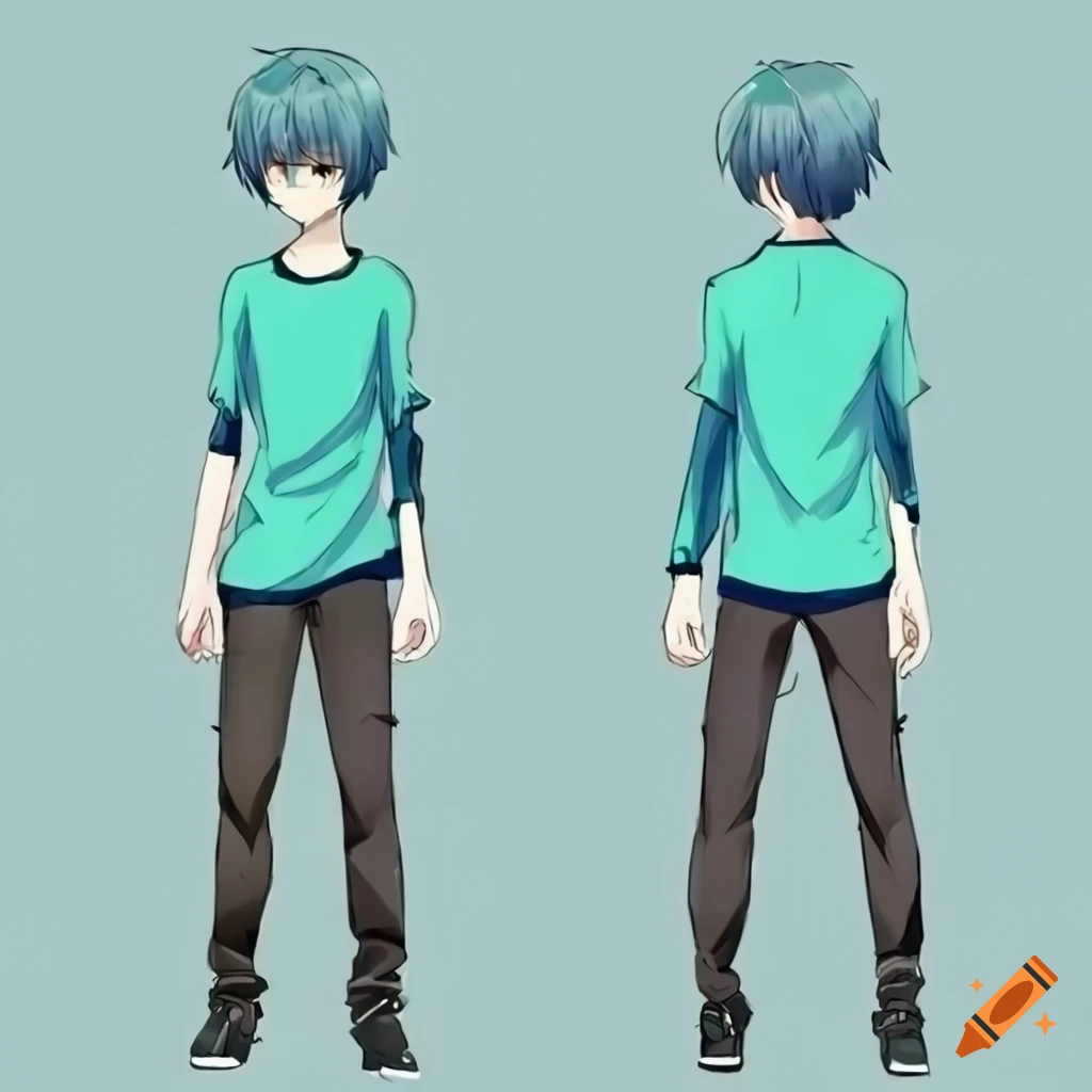 Anime boy with short blue hair green eyes and soft face with a face