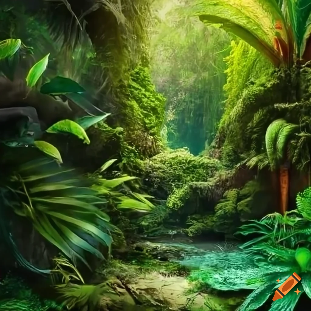 Lush fantasy jungle teeming with exotic creatures and vibrant foliage