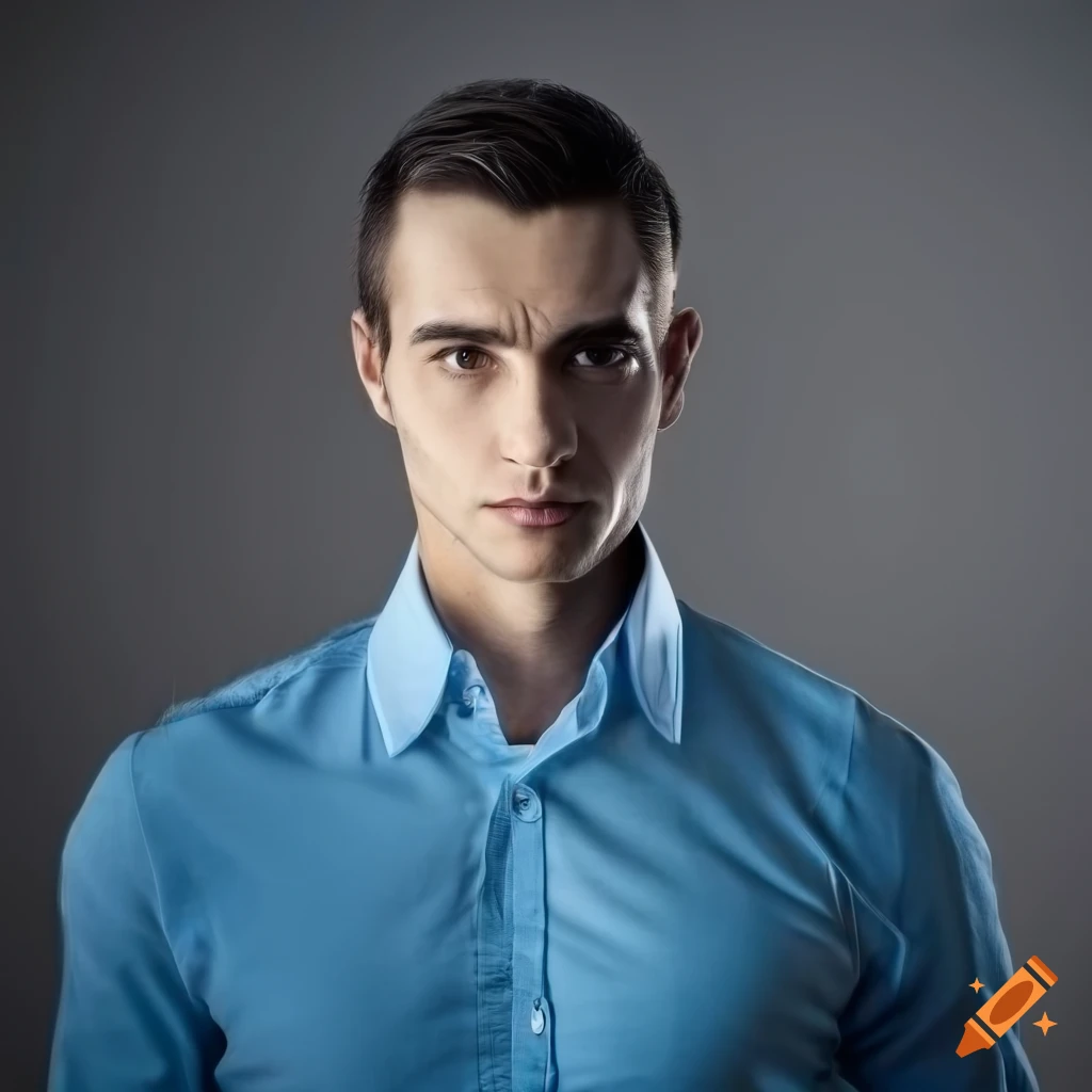 Photo Portrait of a confident man in a stylish blue shirt on Craiyon