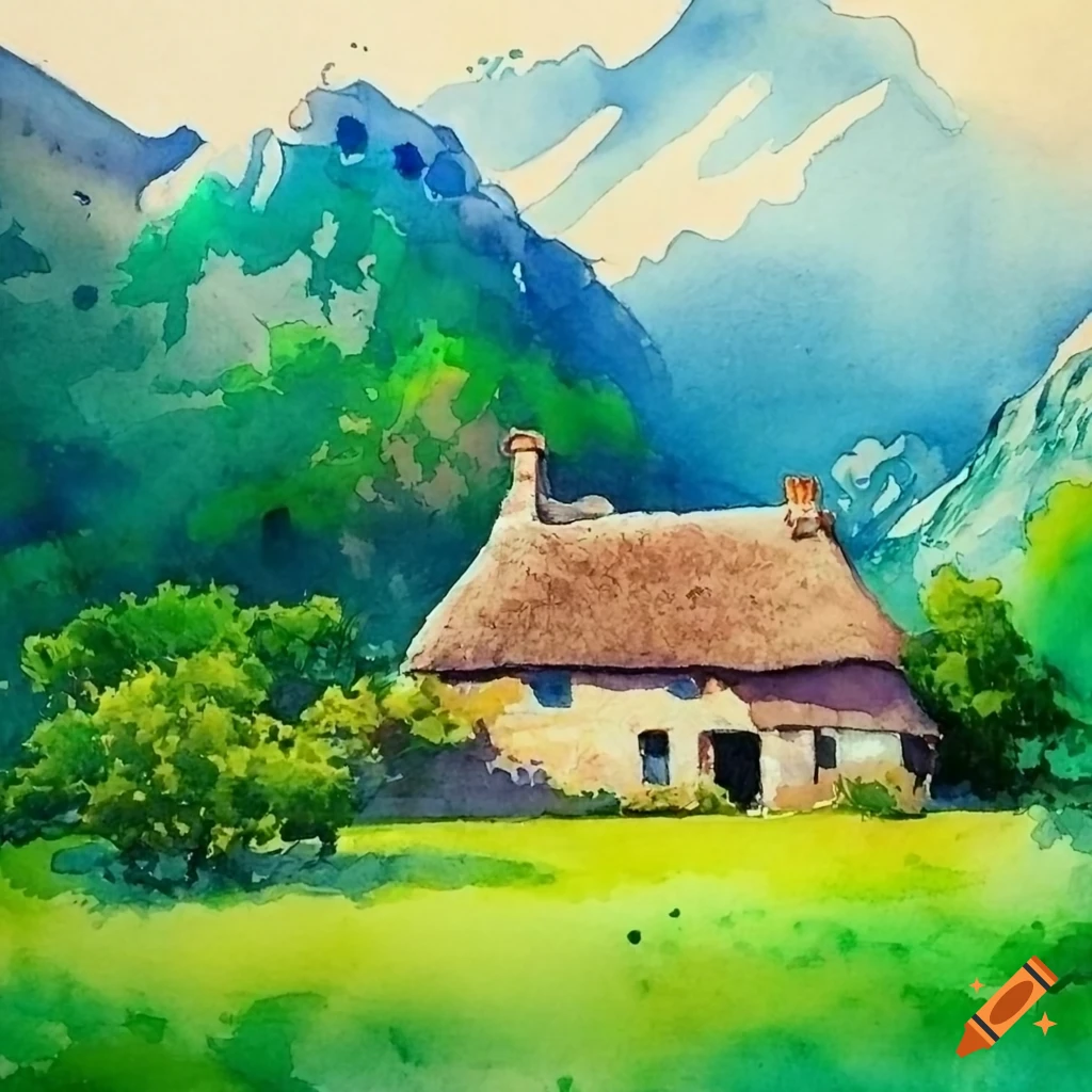 Watercolor painting of a stone farmhouse and thatched roof housed in ...