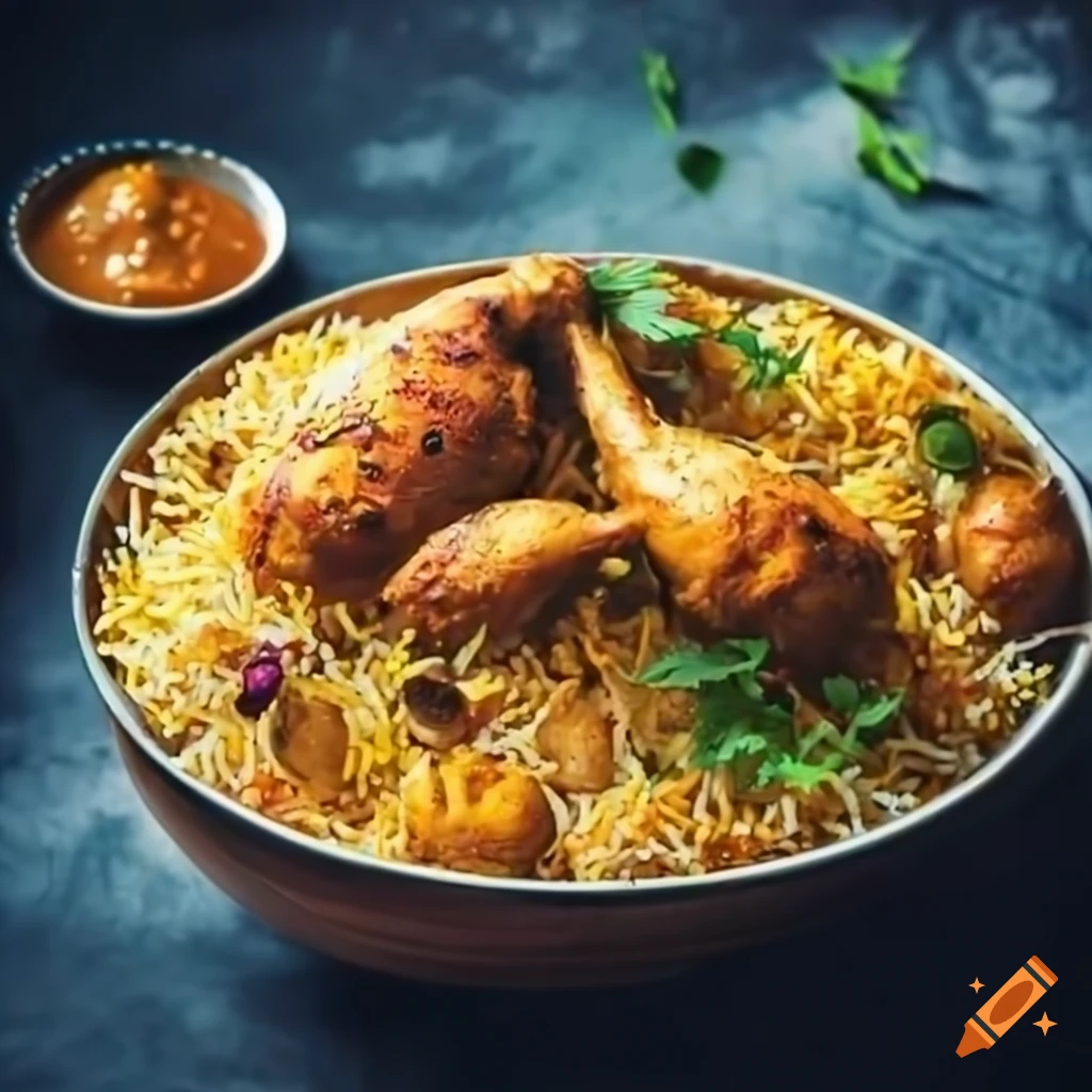 Indian Chicken Biryani On Table With Chicken Lolipop Top Of The Biryani 