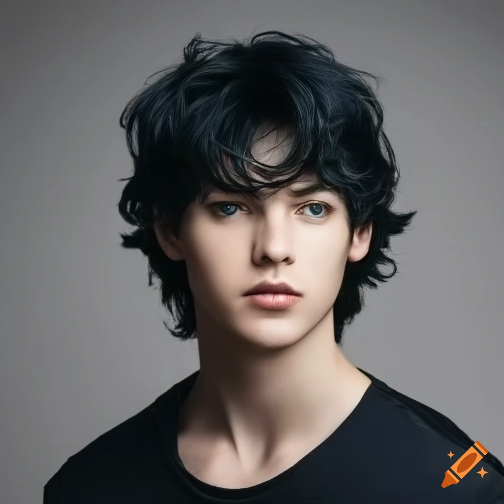 Young man with wavy layered black hair and green eyes on Craiyon