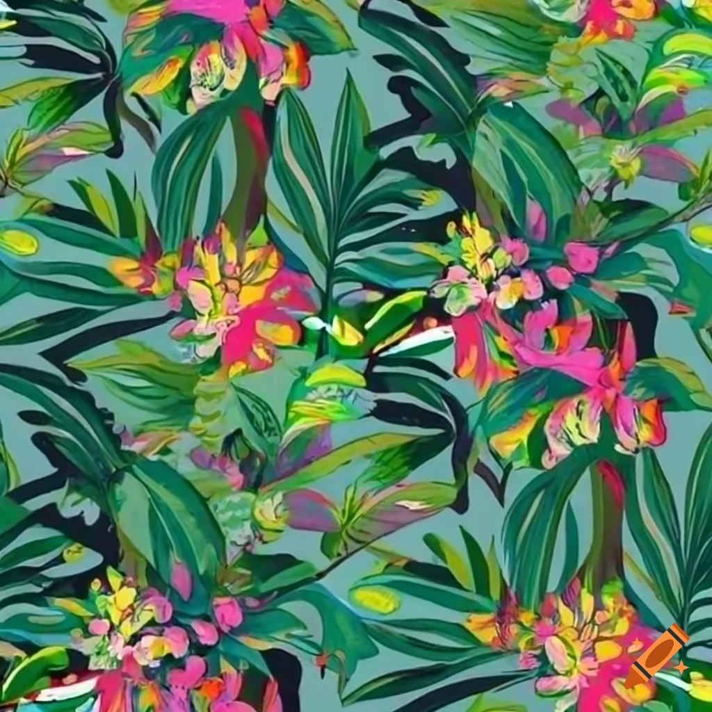 Tropical plants with large vibrant flowers and leaves pattern