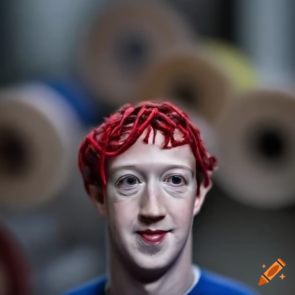 Portrait Of Mark Zuckerberg Wrapped In Red Thread Next To A Giant Spool 