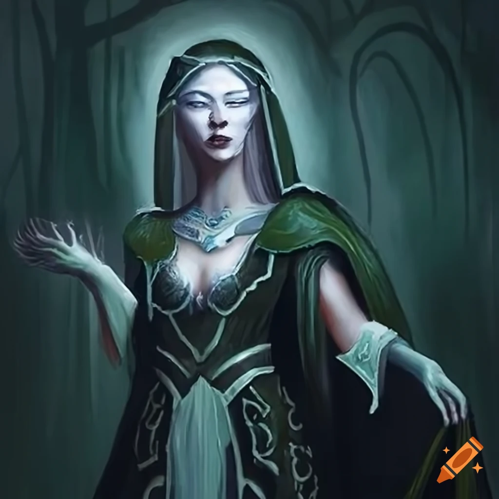 The character is a magical sorceress in the world of dungeons and dragons ( d&d). she possesses an air of mystique and power, with every aspect of her  appearance reflecting her arcane abilities.