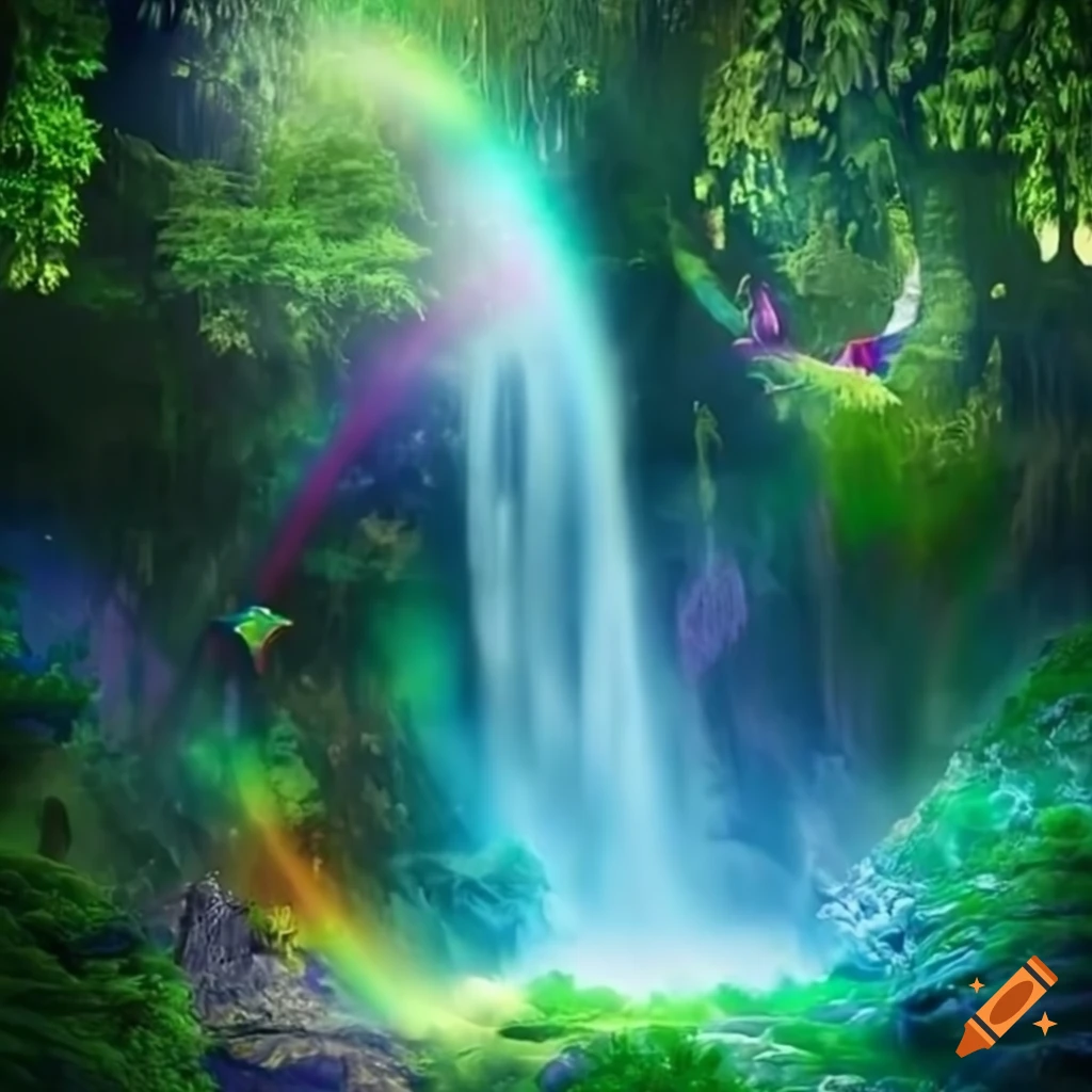 A mystical fantasy forest with rainbow waterfalls and beautiful creatures
