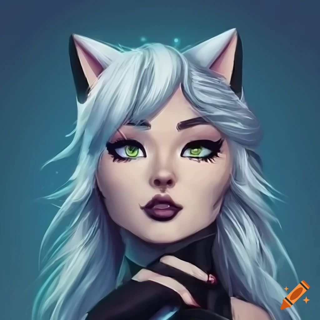 Portrait of mid body of cuttest cat furry girl with white hair in cómic ...