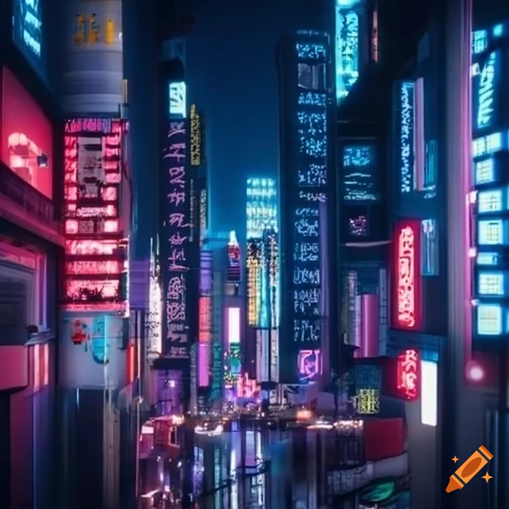 A city that blends tokyo and seattle. with neon lights on Craiyon