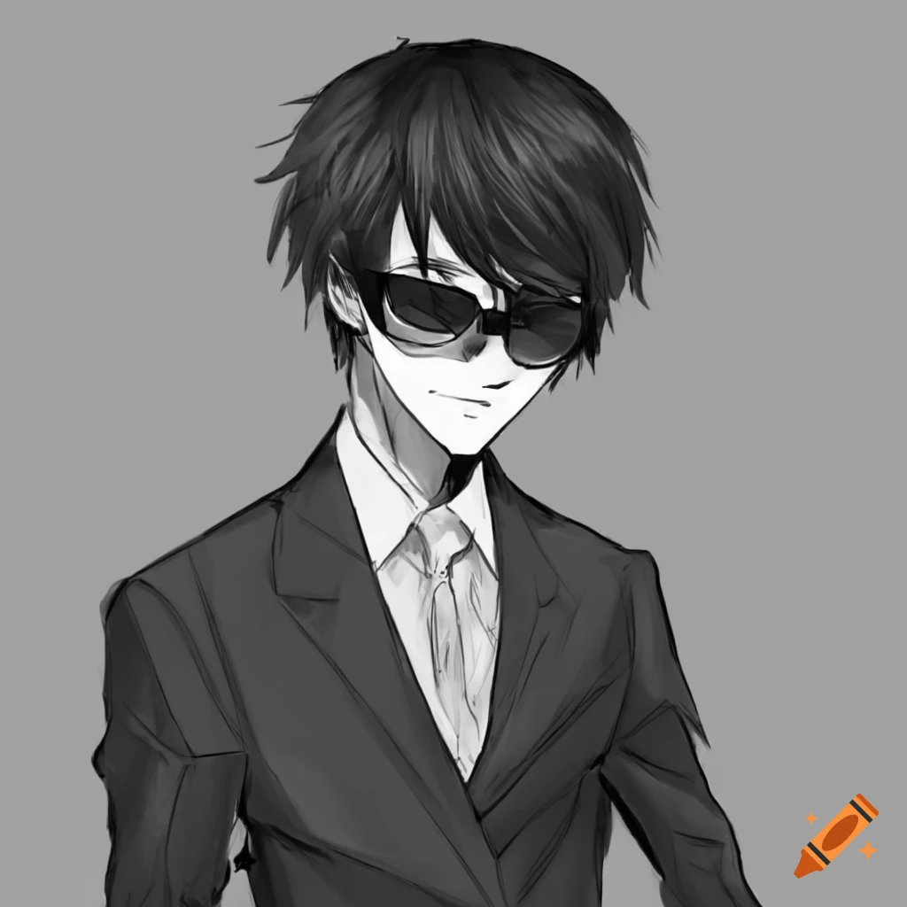 A manga guy in suit with black hair and sunglasses. no color