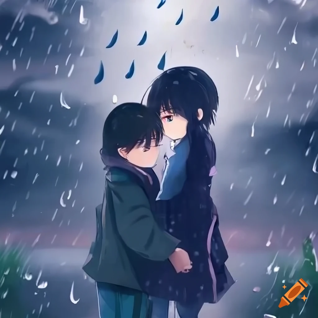 Anime girl holding sad boy comfort rainy day on Craiyon