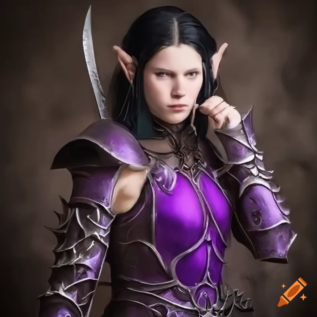 Female elven warrior with short ears and black hair in purple armor