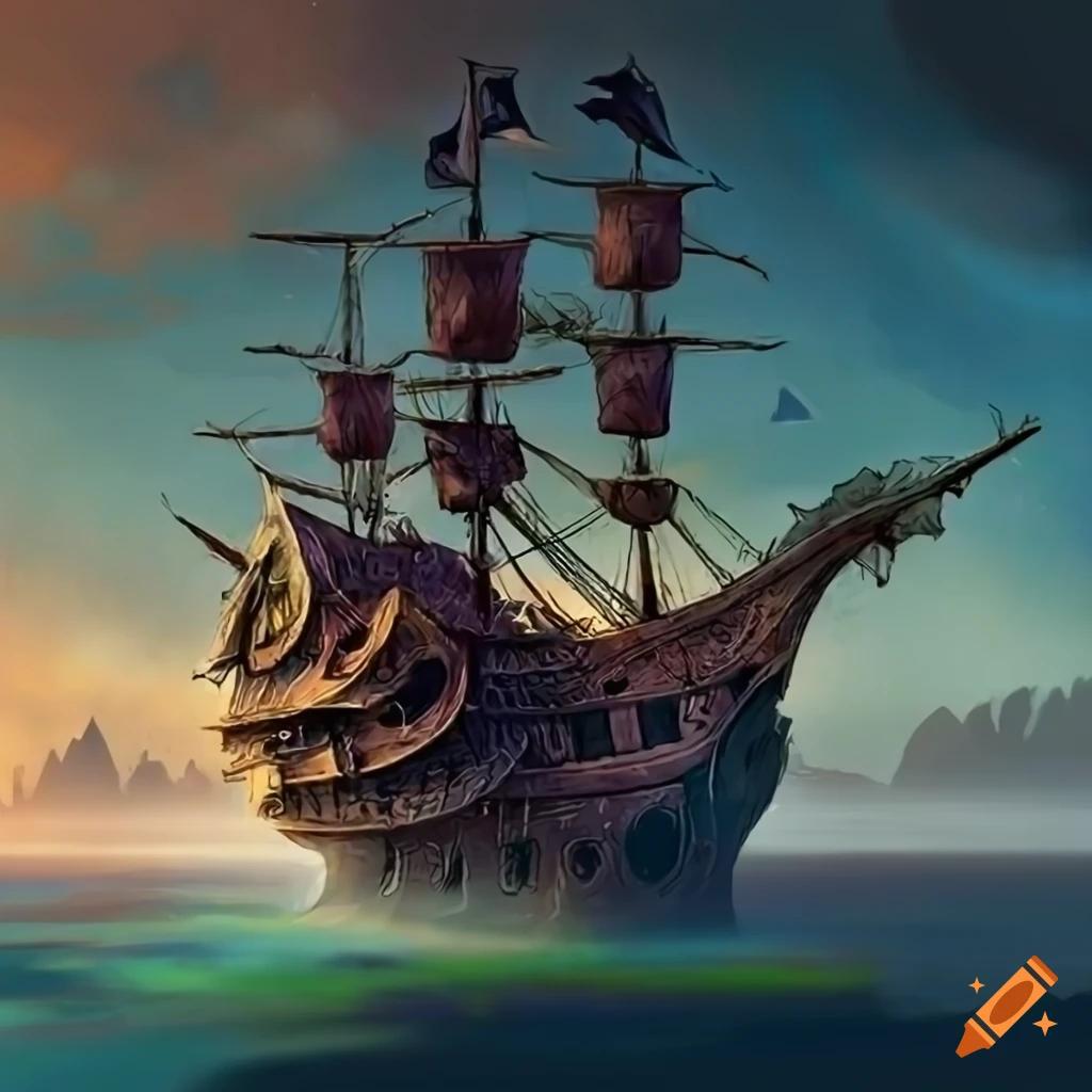 Fantasy pirate ship in the shape of a salamander walking on a