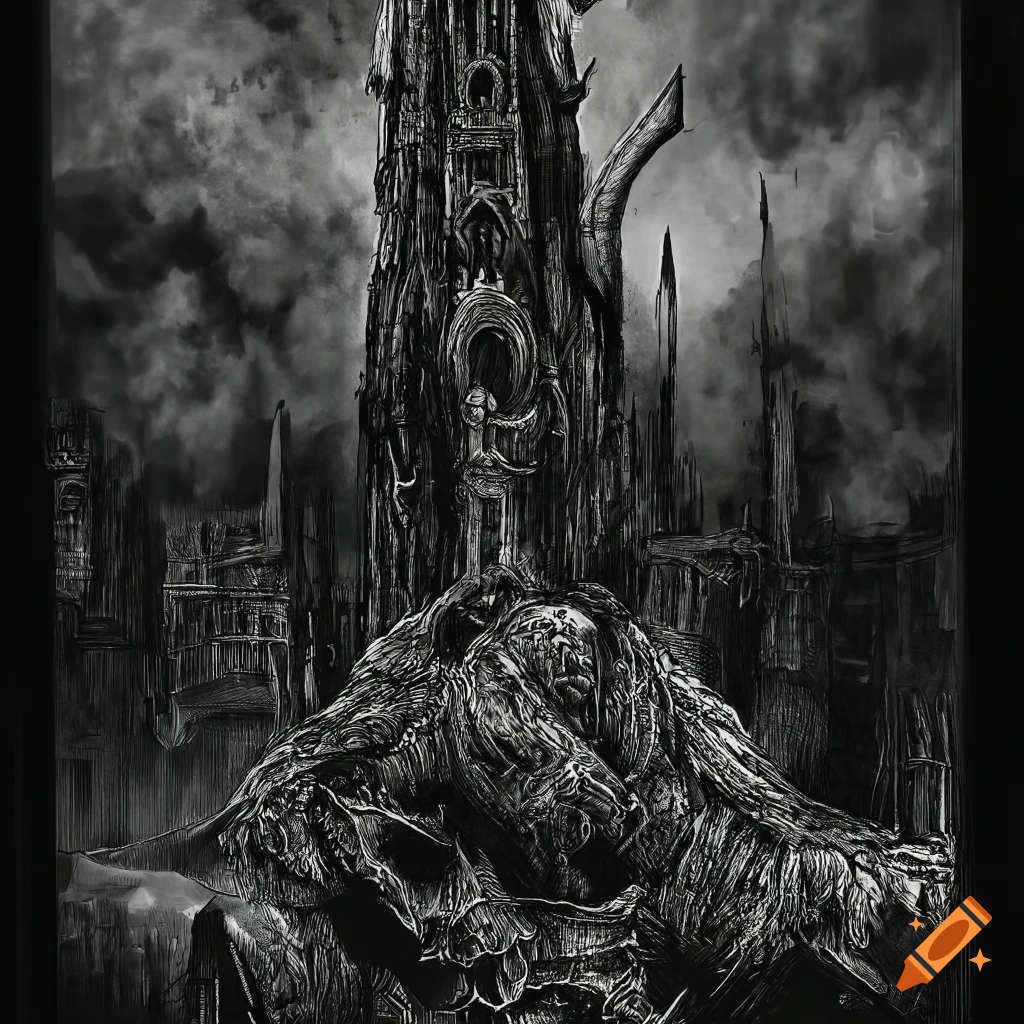 The oblivion — apocalypse, in the style of intricate black and white ...