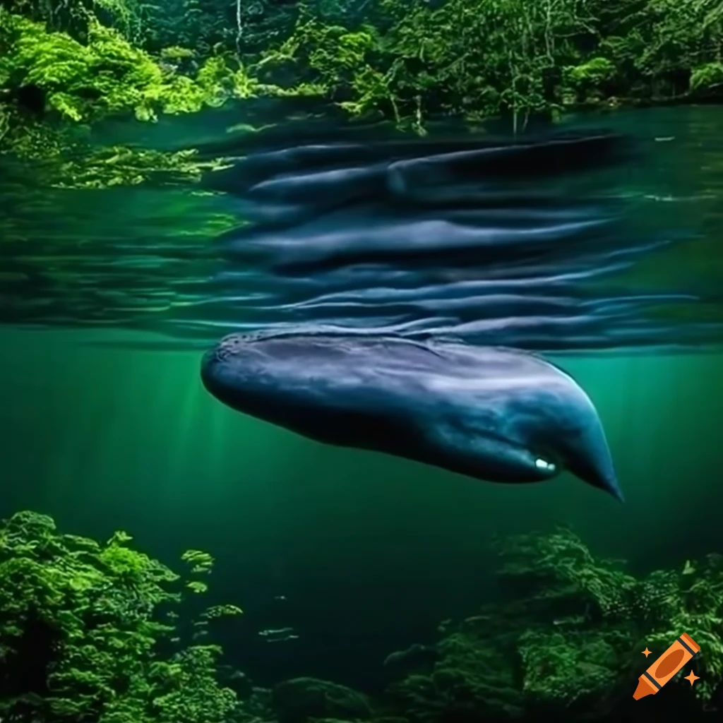 A sperm whale floating high above the amazon rain forest canopy
