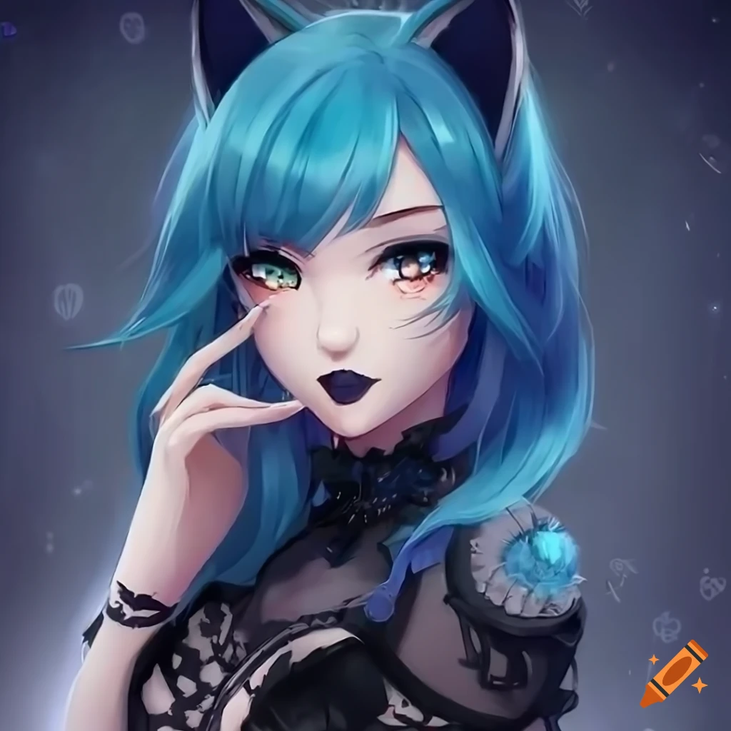Portrait of mid body of cuttest gothic cat furry girl with blue hair in ...