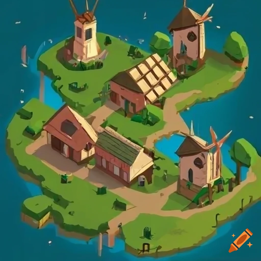 Isometric view of a medieval tilemap with windmills, a river, trees and ...