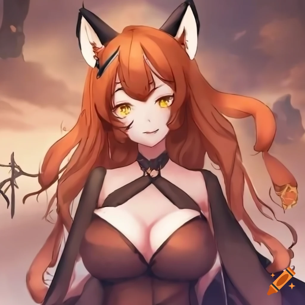 Fox witch vtuber giantess with dark orange hair next to a castle