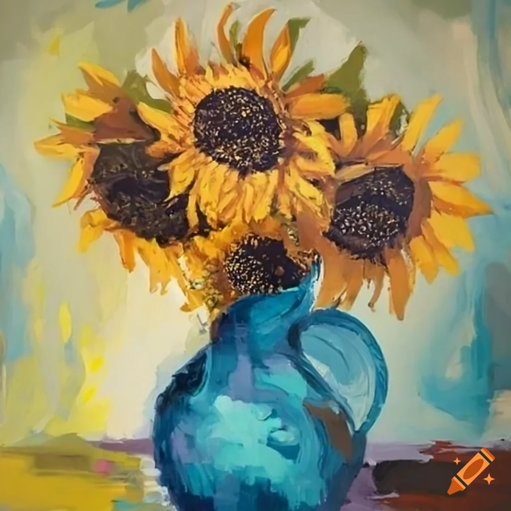 Painting with visible brush strokes of sunflowers in vase on Craiyon