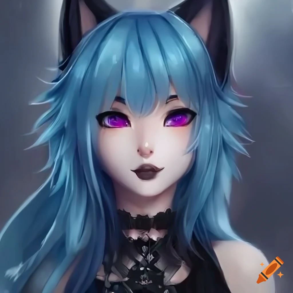 Portrait of mid body of cuttest gothic cat furry girl with blue