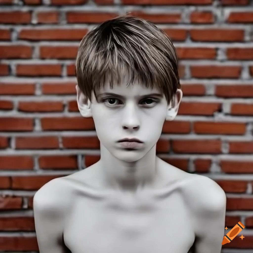 Skinny boy age 15 standing with back against a brick wall. high