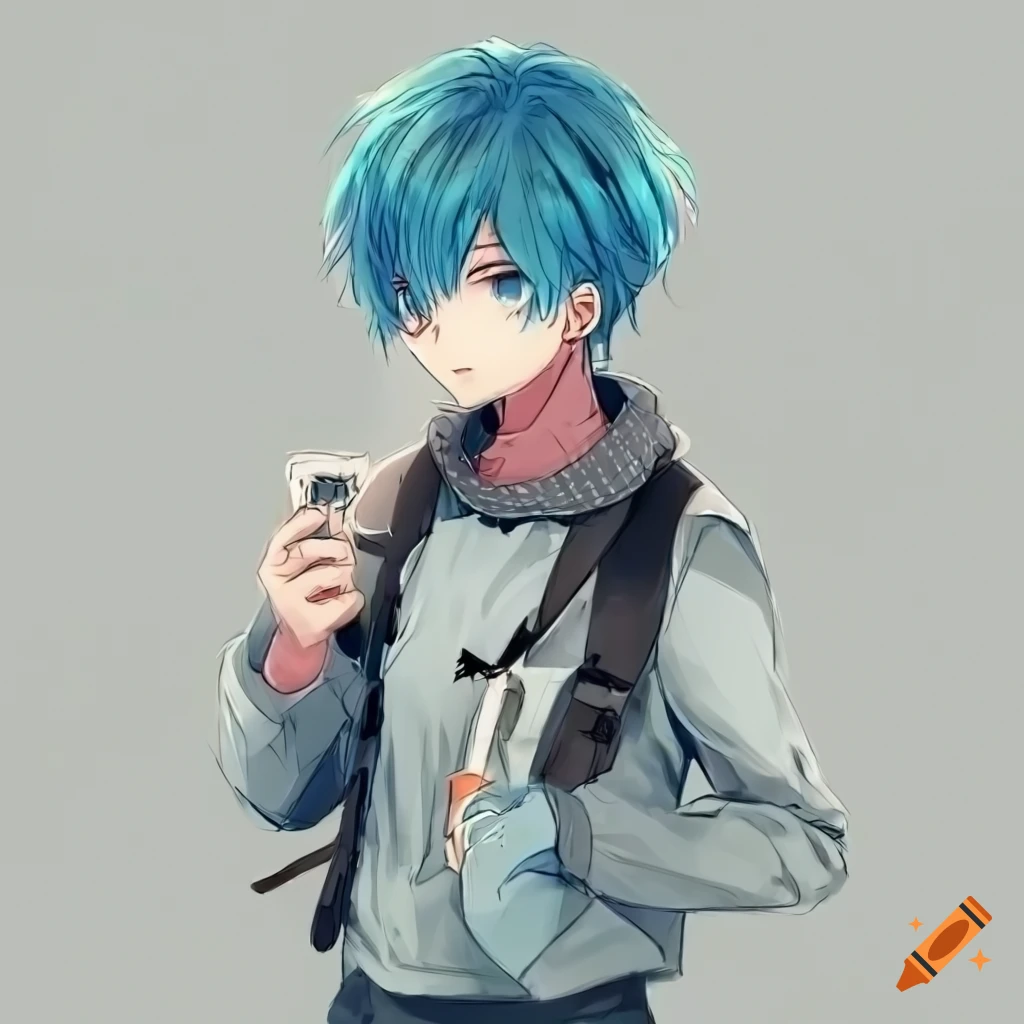 Anime-style boy with blue hair, wearing a backpack and white watch full  body on Craiyon