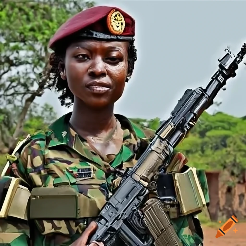 Generate the picture of a black african female soldier in a