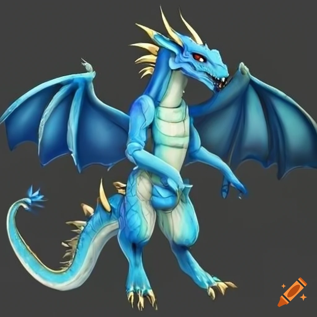Blue anthro dragon with light-yellow-colored underside and wings on Craiyon